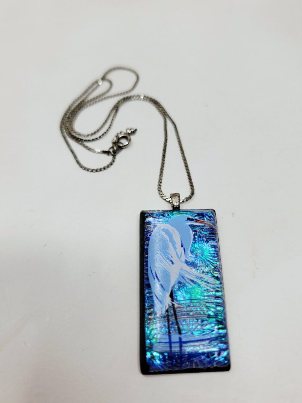 Blue Dichroic Art Glass Heron Bird Pendant Necklace